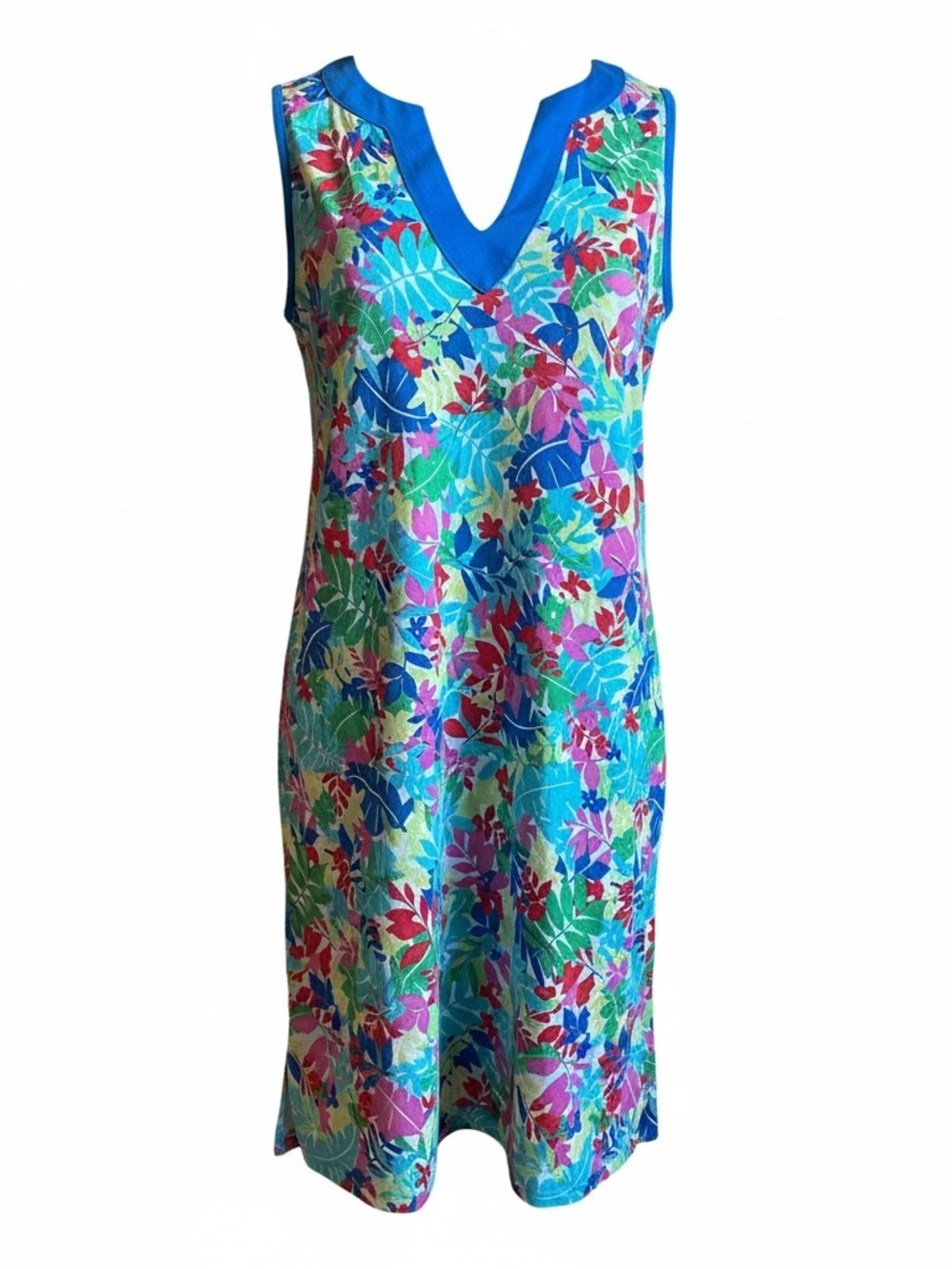 Women's Land's End Tropical Floral V-Neck Sleeveless Dress - Blue Multi Sm L - Picture 3 of 4